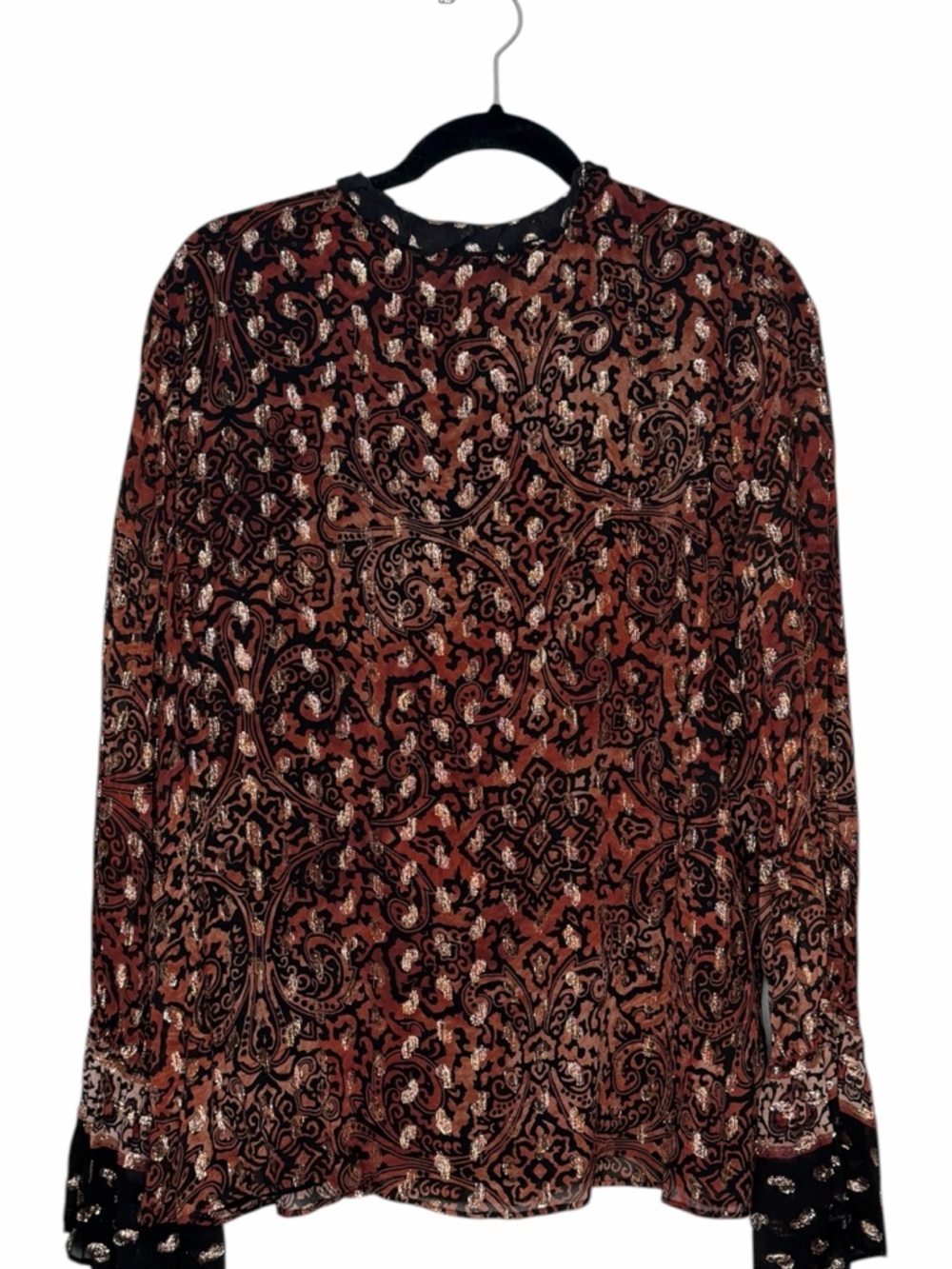 Kobi Halperin Metallic Gold Paisley Black with Brown Tones Ornate Blouse XL - Picture 11 of 12